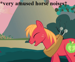 Size: 540x450 | Tagged: safe, edit, edited screencap, screencap, character:big mcintosh, species:pony, episode:hearts and hooves day, g4, my little pony: friendship is magic, amused, apple tree, cropped, descriptive noise, horse collar, horse noises, laughing, macabetes, reaction image, tree