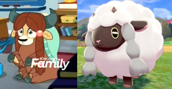 Size: 702x364 | Tagged: safe, edit, edited screencap, screencap, character:yona, species:sheep, species:yak, bow, braid, cloven hooves, comparison, crossover, female, hair bow, monkey swings, pokemon sword and shield, pokémon, wooloo