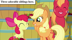 Size: 1280x720 | Tagged: safe, edit, edited screencap, screencap, character:apple bloom, character:applejack, character:big mcintosh, episode:going to seed, g4, my little pony: friendship is magic, adorabloom, apple, applejack's hat, barrel, bow, captain obvious, clothing, cowboy hat, cute, cutie mark, food, hat, horse collar, inset, jackabetes, macabetes, mane bow, text, the cmc's cutie marks