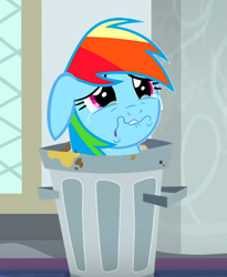 Size: 298x364 | Tagged: safe, edit, edited screencap, screencap, character:rainbow dash, species:pony, episode:parental glideance, episode:school raze, g4, my little pony: friendship is magic, abuse, cropped, crying, dashabuse, female, op is a duck, op is trying to start shit, rainbow trash, sad, solo, trash can