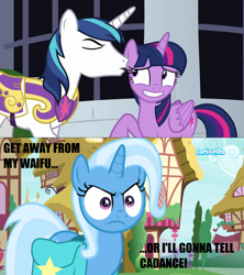 Size: 1276x1440 | Tagged: safe, edit, edited screencap, screencap, character:shining armor, character:trixie, character:twilight sparkle, character:twilight sparkle (alicorn), species:alicorn, species:pony, ship:twixie, episode:sparkle's seven, episode:student counsel, g4, my little pony: friendship is magic, cartoonito logo, engrish, female, implied incest, implied infidelity, implied princess cadance, implied shiningsparkle, implied shipping, implied straight, jealous, lesbian, saddle bag, shipping, waifu