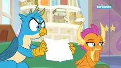 Size: 1920x1080 | Tagged: safe, edit, screencap, character:gallus, character:smolder, species:dragon, species:griffon, episode:student counsel, .svg available, angry, book, cartoonito logo, exploitable, exploitable meme, gallus' book, meme, meme template, smug, template, vector