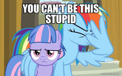 Size: 800x501 | Tagged: safe, edit, edited screencap, screencap, character:rainbow dash, character:wind sprint, species:pegasus, species:pony, episode:common ground, g4, my little pony: friendship is magic, auntie dashie, caption, duo, facepalm, facewing, female, filly, foal, image macro, mare, meme, reaction image, text