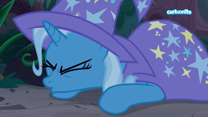 Size: 800x450 | Tagged: safe, edit, edited screencap, screencap, character:trixie, species:pony, species:unicorn, episode:student counsel, animated, cape, cartoonito logo, clothing, female, hat, mare, prone, spitting, trixie's cape, trixie's hat