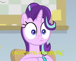 Size: 376x300 | Tagged: safe, edit, edited screencap, screencap, character:starlight glimmer, species:pony, species:unicorn, episode:student counsel, cropped, faec, female, internal screaming, mare, meme, meta, screaming internally, solo, twitter, x internally