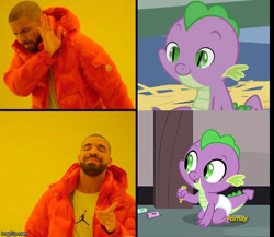Size: 500x433 | Tagged: safe, edit, edited screencap, screencap, character:spike, species:dragon, episode:sparkle's seven, episode:the cutie mark chronicles, g4, my little pony: friendship is magic, baby, baby dragon, baby spike, crayon, crayon drawing, cropped, cute, diaper, drake, eyebrows, happy, hotline bling, improvement, male, newborn, outfit catalog, smiling, solo, spikabetes, traditional art, young, younger