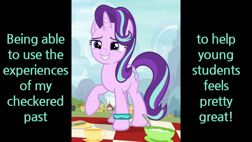Size: 1040x585 | Tagged: safe, edit, edited screencap, screencap, character:starlight glimmer, episode:student counsel, animated, caption, cloud, cropped, female, food, gif, magic, meadow, mountain, nature, picnic, ponyville, sandwich, sitting, solo, text, tree