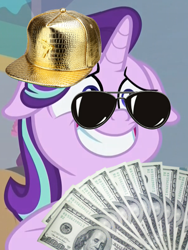 Size: 600x800 | Tagged: safe, edit, edited screencap, screencap, character:starlight glimmer, species:pony, episode:student counsel, capitalism, clothing, cropped, glasses, hat, money, sunglasses