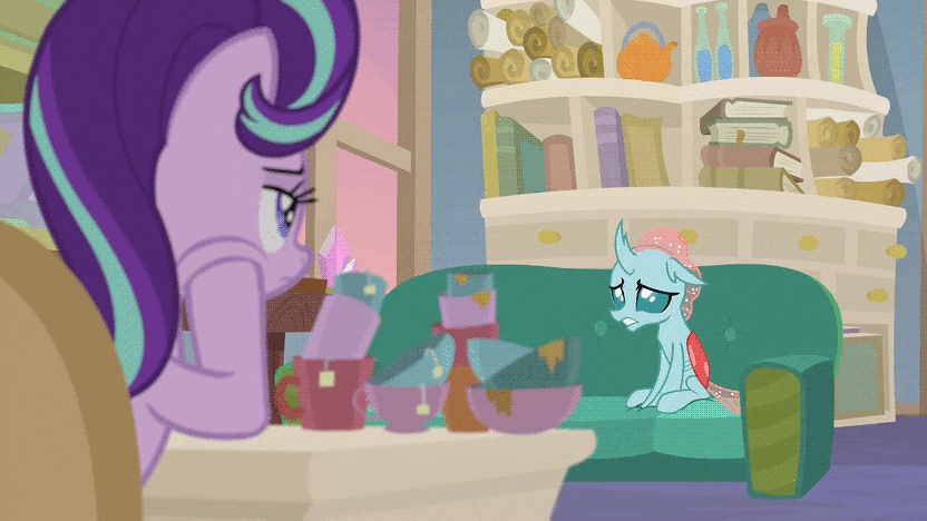 Size: 832x468 | Tagged: safe, edit, screencap, character:ocellus, character:starlight glimmer, species:changedling, species:changeling, species:dragon, species:earth pony, species:pony, species:reformed changeling, species:unicorn, episode:student counsel, animated, book, bookshelf, bugbear, bugbear ocellus, chair, couch, cup, desk, disguise, disguised changeling, dragon ocellus, duo, female, gif, identity crisis, loop, mug, pony ocellus, reversed, school of friendship, shapeshifting, sitting, starlight's office, teacup, teapot, transformation