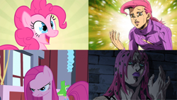 Size: 960x540 | Tagged: safe, edit, screencap, character:pinkamena diane pie, character:pinkie pie, species:earth pony, species:pony, episode:party of one, g4, my little pony: friendship is magic, spoilers for another series, diavolo, duality, golden wind, jojo's bizarre adventure, text, vento aureo, vinegar doppio