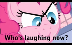 Size: 1000x625 | Tagged: safe, edit, edited screencap, screencap, character:pinkie pie, species:pony, episode:baby cakes, g4, my little pony: friendship is magic, caption, schadenfreude, smiling, smirk, who's laughing now