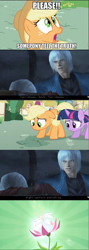 Size: 640x1800 | Tagged: safe, edit, edited screencap, screencap, character:applejack, character:twilight sparkle, species:earth pony, species:pony, species:unicorn, episode:the cutie pox, g4, my little pony: friendship is magic, comic, dante (devil may cry), devil may cry, devil may cry 3, exploitable meme, female, flower, hub logo, mare, meme, might controls everything, mouse, roflbot, screencap comic, seeds of truth, truth meme, vergil (devil may cry)