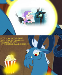 Size: 1400x1700 | Tagged: safe, edit, edited screencap, screencap, character:cozy glow, character:grogar, character:queen chrysalis, species:changeling, species:pegasus, species:pony, episode:frenemies, g4, my little pony: friendship is magic, bell, changeling queen, crystal ball, female, filly, food, popcorn