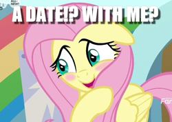 Size: 906x641 | Tagged: safe, edit, edited screencap, screencap, character:fluttershy, species:pegasus, species:pony, episode:she's all yak, g4, my little pony: friendship is magic, bashful, blushing, bronybait, caption, cropped, cute, embarrassed, exclamation point, image macro, interrobang, question, question mark, shyabetes, text
