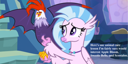 Size: 1810x905 | Tagged: safe, edit, edited screencap, screencap, character:edith, character:silverstream, species:classical hippogriff, species:cockatrice, species:hippogriff, episode:student counsel, cropped, cute, diabedith, dialogue, diastreamies, female, implied apple bloom, implied scootaloo, implied sweetie belle, jewelry, necklace, red eyes, this will end in death, this will end in tears, this will end in tears and/or death, tickling, treehouse of harmony