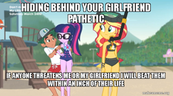 Size: 800x449 | Tagged: safe, edit, edited screencap, screencap, character:sunset shimmer, character:timber spruce, character:twilight sparkle, character:twilight sparkle (scitwi), species:eqg human, episode:unsolved selfie mysteries, g4, my little pony: equestria girls, my little pony:equestria girls, beach, clothing, edgy, equestria girls drama, female, geode of empathy, geode of telekinesis, implied shipping, implied straight, implied timbertwi, internet tough guy, lifeguard timber, magical geodes, meme, op is a duck, op is a tough guy, op is trying to start shit, shorts, timber spruce drama