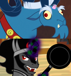 Size: 1500x1600 | Tagged: safe, edit, edited screencap, screencap, character:grogar, character:king sombra, episode:the beginning of the end, g4, my little pony: friendship is magic, derp, frying pan, hitting