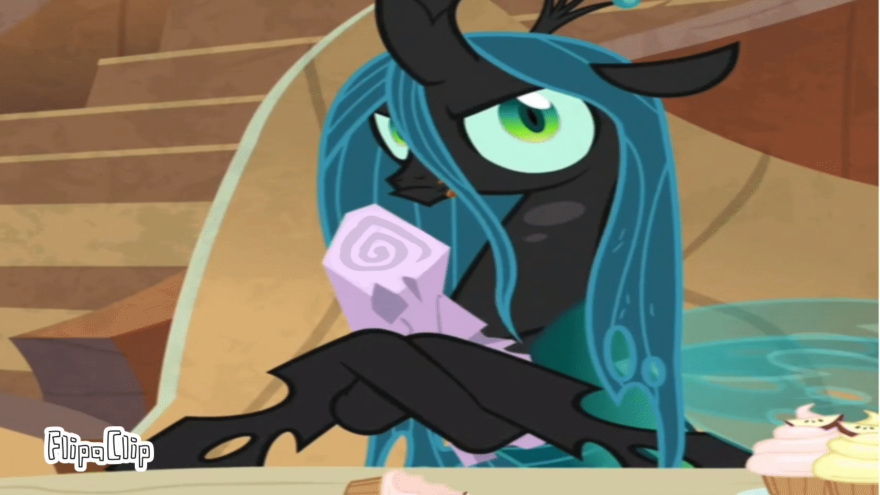 Size: 1280x720 | Tagged: safe, edit, edited screencap, screencap, character:mean twilight sparkle, character:queen chrysalis, species:changeling, episode:frenemies, g4, my little pony: friendship is magic, animated, changeling queen, dead, derp, female, gif, gift art, log, solo, twilog