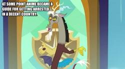 Size: 889x492 | Tagged: safe, edit, edited screencap, screencap, character:discord, episode:a matter of principals, g4, my little pony: friendship is magic, anime, arrested, caption, cartoons, crime, image macro, japan, law, law and order, male, police, solo, text