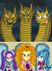Size: 1920x2612 | Tagged: safe, edit, screencap, character:adagio dazzle, character:aria blaze, character:sonata dusk, species:dragon, equestria girls:rainbow rocks, g4, my little pony: equestria girls, my little pony:equestria girls, :3, angry, blep, colored sclera, crossed arms, derp, frown, glare, godzilla (series), godzilla: king of the monsters 2019, hand on hip, hydra, ichi, kaiju, kevin, kevin ghidorah, king ghidorah, looking at you, multiple heads, nii, raised eyebrow, red sclera, san, serious, serious face, smiling, smirk, the dazzlings, tongue out
