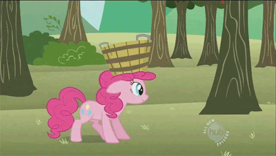 Size: 400x226 | Tagged: safe, edit, edited screencap, screencap, character:pinkie pie, species:earth pony, species:pony, episode:the super speedy cider squeezy 6000, g4, my little pony: friendship is magic, animated, apple, apple basket, apple tree, backflip, blinking, female, flip, food, gif, hub logo, mare, reversed, solo, tree