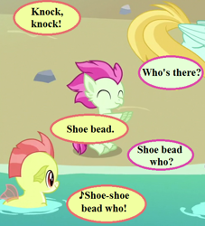 Size: 490x539 | Tagged: safe, edit, edited screencap, screencap, species:hippogriff, species:seapony (g4), episode:surf and/or turf, g4, my little pony: friendship is magic, baby seapony (g4), background hippogriff, beach, cropped, dialogue, fledgeling, knock knock joke, pun, rock, shoo be doo, speech bubble