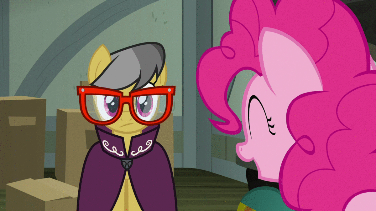 Size: 1200x675 | Tagged: safe, edit, edited screencap, screencap, character:a.k. yearling, character:daring do, character:pinkie pie, species:earth pony, species:pegasus, species:pony, episode:daring done, animated, barely animated, eyes closed, female, glasses, grin, hooves, mare, open mouth, photo, smiling, solo, wings