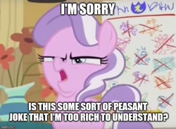 Size: 649x476 | Tagged: safe, edit, edited screencap, screencap, character:diamond tiara, species:earth pony, species:pony, episode:crusaders of the lost mark, g4, my little pony: friendship is magic, arin hanson face, caption, complex background, cropped, female, funny face, image macro, meme, rich, solo, text