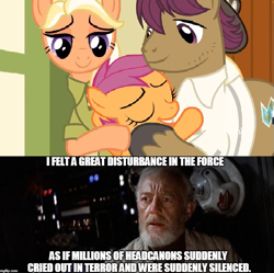 Size: 759x755 | Tagged: safe, edit, edited screencap, screencap, character:mane allgood, character:scootaloo, character:snap shutter, species:earth pony, species:human, species:pegasus, species:pony, episode:the last crusade, g4, my little pony: friendship is magic, clothing, crossover, cutie mark, family, female, filly, foal, gift from god, hat, irl, irl human, it's happening, male, man, mare, meme, obi wan kenobi, photo, ponyville schoolhouse, shirt, stallion, star wars, the cmc's cutie marks