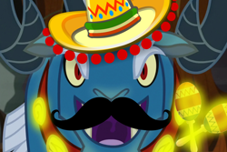 Size: 1200x800 | Tagged: safe, edit, edited screencap, screencap, character:grogar, episode:the beginning of the end, g4, my little pony: friendship is magic, clothing, facial hair, hat, maracas, mexican, moustache, musical instrument