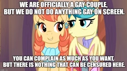 Size: 888x499 | Tagged: safe, edit, edited screencap, screencap, character:aunt holiday, character:auntie lofty, episode:the last crusade, g4, my little pony: friendship is magic, caption, clothing, drama, duo, female, image macro, lesbian, meme, quilt, scarf, scootaloo's aunts drama, text