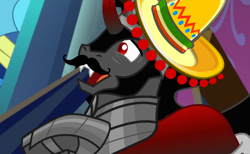 Size: 1300x800 | Tagged: safe, edit, edited screencap, screencap, character:king sombra, species:pony, episode:the beginning of the end, g4, my little pony: friendship is magic, clothing, facial hair, hat, king sombrero, male, moustache, solo, sombrero