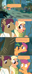 Size: 1358x3080 | Tagged: safe, edit, edited screencap, screencap, character:mane allgood, character:scootaloo, character:snap shutter, species:pegasus, species:pony, episode:the last crusade, g4, my little pony: friendship is magic, cartoonito logo, comic, dialogue, everfree forest, faec, footprint, leaves, scootaloo's parents, scratches, screencap comic, speech bubble, tracks, tree