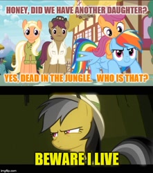 Size: 500x565 | Tagged: safe, edit, edited screencap, screencap, character:daring do, character:mane allgood, character:rainbow dash, character:scootaloo, character:snap shutter, species:earth pony, species:pegasus, species:pony, episode:read it and weep, episode:the last crusade, g4, my little pony: friendship is magic, caption, conspiracy, conspiracy theory, headcanon, image macro, sinistar, text
