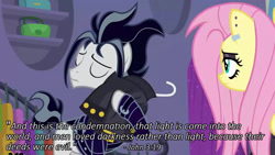Size: 1280x720 | Tagged: safe, edit, edited screencap, screencap, character:fluttershy, character:snow hope, episode:fake it 'til you make it, bible verse, fluttergoth, goth, meta, mouthpiece, out of context, out of context quote, religion, text