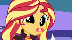 Size: 1280x720 | Tagged: safe, edit, edited screencap, screencap, character:sunset shimmer, episode:wake up!, g4, my little pony: equestria girls, my little pony:equestria girls, spoiler:choose your own ending (season 2), spoiler:eqg series (season 2), dilated pupils, female, pacifier, pacifier edit, solo, sugar rush, wake up!: pinkie pie