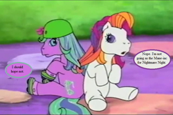 Size: 757x506 | Tagged: safe, edit, edited screencap, screencap, character:sunny daze (g3), species:pony, episode:dancing in the clouds, g3, clothing, dialogue, hat, roller skates, scooter sprite, speech bubble, tangled manes