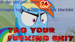 Size: 1280x720 | Tagged: safe, edit, edited screencap, screencap, character:rainbow dash, species:pony, derpibooru, episode:tanks for the memories, g4, my little pony: friendship is magic, angry, angry eyes, caption, do i look angry, image macro, meta, mouthpiece, obligatory pony, tags, text, vulgar, yelling