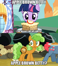 Size: 480x540 | Tagged: safe, edit, edited screencap, screencap, character:apple brown betty, character:apple split, character:twilight sparkle, episode:apple family reunion, episode:the ticket master, g4, my little pony: friendship is magic, apple family member, caption, comic, cutie mark, implied cannibalism, screencap comic