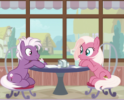 Size: 1228x990 | Tagged: safe, edit, edited screencap, screencap, character:fuchsia frost, character:loganberry, species:earth pony, species:pony, episode:the last crusade, g4, my little pony: friendship is magic, animation error, composite screencap, drinking, eye contact, female, friendship student, looking at each other, male, mare, milkshake, ponies sitting next to each other, restaurant, sitting, stallion, stool, table
