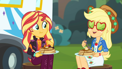 Size: 1906x1080 | Tagged: safe, edit, edited screencap, screencap, character:applejack, character:sunset shimmer, episode:wake up!, g4, my little pony: equestria girls, my little pony:equestria girls, spoiler:choose your own ending (season 2), spoiler:eqg series (season 2), applejack's festival hat, applejack's sunglasses, breakfast, butter, clothing, cowboy hat, cropped, cute, eating, food, fork, hat, music festival outfit, outdoors, pancakes, plate, rv, shimmerbetes, sunglasses, syrup, tree stump, wake up!: applejack