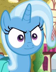 Size: 565x722 | Tagged: safe, edit, edited screencap, screencap, character:trixie, species:pony, episode:student counsel, >:), cropped, evil grin, grin, inverted mouth, meme, smiling, smirk, special eyes, stare, trixie is amused
