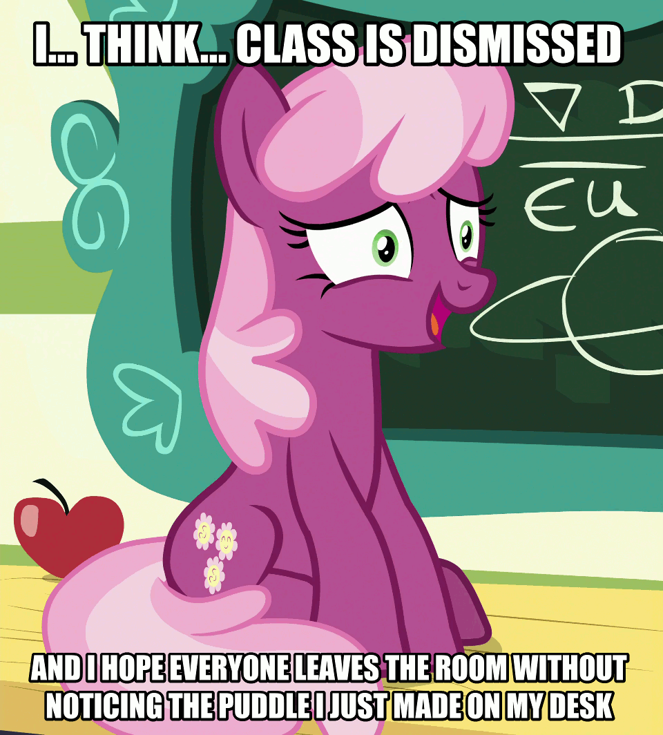 Size: 960x1064 | Tagged: safe, edit, edited screencap, screencap, character:cheerilee, species:earth pony, species:pony, episode:the last crusade, g4, my little pony: friendship is magic, adorable distress, animated, caption, chalkboard, cheeribetes, cropped, cute, female, gif, grin, image macro, implied wetting, mare, nervous, nervous grin, scared, smiling, solo, text