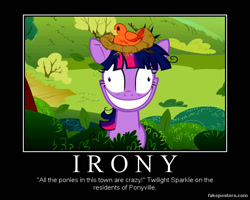 Size: 600x480 | Tagged: safe, edit, edited screencap, screencap, character:twilight sparkle, species:pony, episode:lesson zero, g4, my little pony: friendship is magic, crazy face, demotivational poster, faec, female, grin, insanity, irony, meme, smiling, solo, twilight snapple