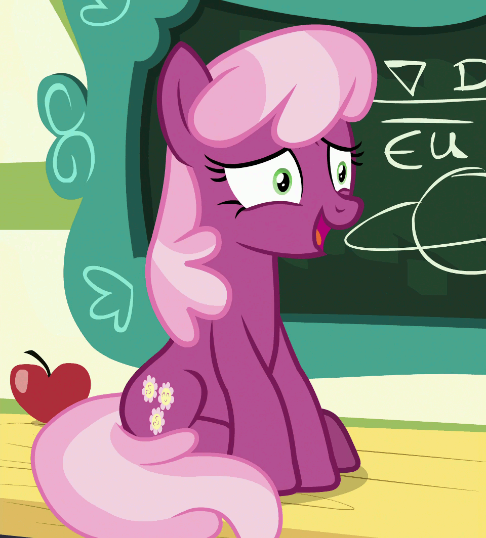 Size: 960x1064 | Tagged: safe, edit, edited screencap, screencap, character:cheerilee, species:earth pony, species:pony, episode:the last crusade, g4, my little pony: friendship is magic, animated, apple, chalkboard, cropped, female, food, gif, grin, loop, mare, nervous, nervous grin, scared, shaking, smiling, solo
