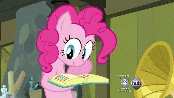 Size: 680x383 | Tagged: safe, edit, edited screencap, screencap, character:pinkie pie, episode:a friend in deed, g4, my little pony: friendship is magic, animated, book, hoof hold, hub logo, reaction image, scrapbook, vulgar