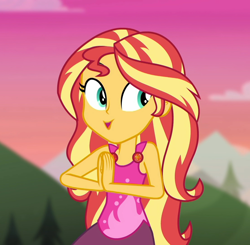 Size: 1104x1080 | Tagged: safe, edit, edited screencap, screencap, character:sunset shimmer, episode:wake up!, g4, my little pony: equestria girls, my little pony:equestria girls, spoiler:choose your own ending (season 2), spoiler:eqg series (season 2), clothing, cropped, cute, female, mountain, mountain range, shimmerbetes, smiling, solo, tank top, wake up!: rainbow dash, yoga