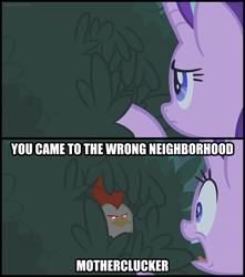 Size: 1298x1467 | Tagged: safe, edit, edited screencap, screencap, character:starlight glimmer, species:cockatrice, episode:student counsel, caption, comic, exploitable meme, image macro, meme, pun, screencap comic, text, this will end in petrification, wrong neighborhood