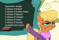 Size: 880x595 | Tagged: safe, edit, edited screencap, screencap, character:ms. harshwhinny, episode:flight to the finish, g4, my little pony: friendship is magic, chalkboard, cropped, exploitable meme, food, grumpy, implied ponies eating meat, meme, ms. harshwhinny's professional chalkboard, obligatory pony, recipe, sandwich, solo