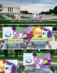 Size: 937x1193 | Tagged: safe, edit, edited screencap, screencap, character:applejack, character:princess flurry heart, character:rarity, character:spike, character:twilight sparkle, character:twilight sparkle (alicorn), species:alicorn, species:dragon, species:pony, derpibooru, ship:rarijack, ship:sparity, episode:best gift ever, g4, my little pony: friendship is magic, captain america, falcon, female, lesbian, male, meme, meta, on your left, shipping, steve rogers, straight, tags, winged spike